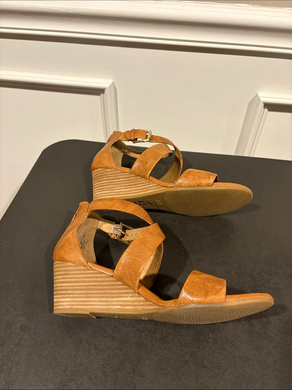 Sofft Tan Leather Crisscross Wedge Sandals